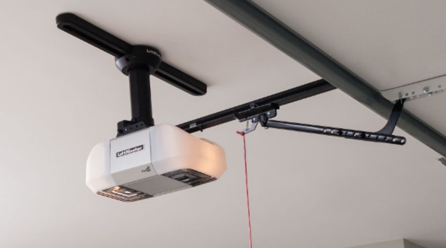 An image of an installed garage door opener in use in a home garage with a powerful motor 