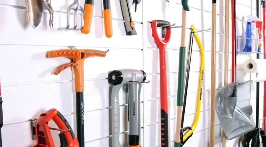  Proslat 88103 Heavy Duty PVC Slatwall Garage Organizer in use for the organization of tools in a garage. The unit is one of the best slatwall for garage 