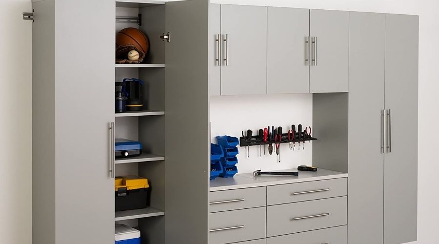 Can a Kitchen Cabinet be used in a Garage? Yes. The image shows the organization of items in a kitchen cabinet in a garage 