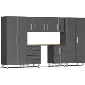 Among the best garage cabinets, Ulti-MATE UG22082G 8-Piece Garage Cabinet Kit with Bamboo Worktop in Graphite Grey Metallic is an integral units, especially for the large garage spaces 