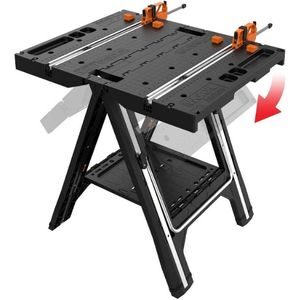 An image showing WORX WX051 Pegasus Folding Work Table & Sawhorse, one of the best workbenches for garage 
