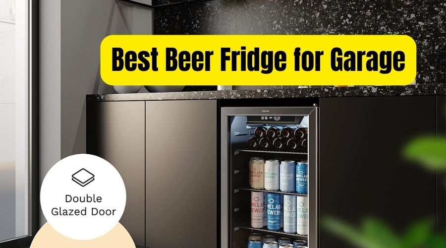 An image showing hOmeLabs Beverage Refrigerator and Cooler, one of the best beer fridge for garage in use in a 2 garage door to cool drinks in hot summer 